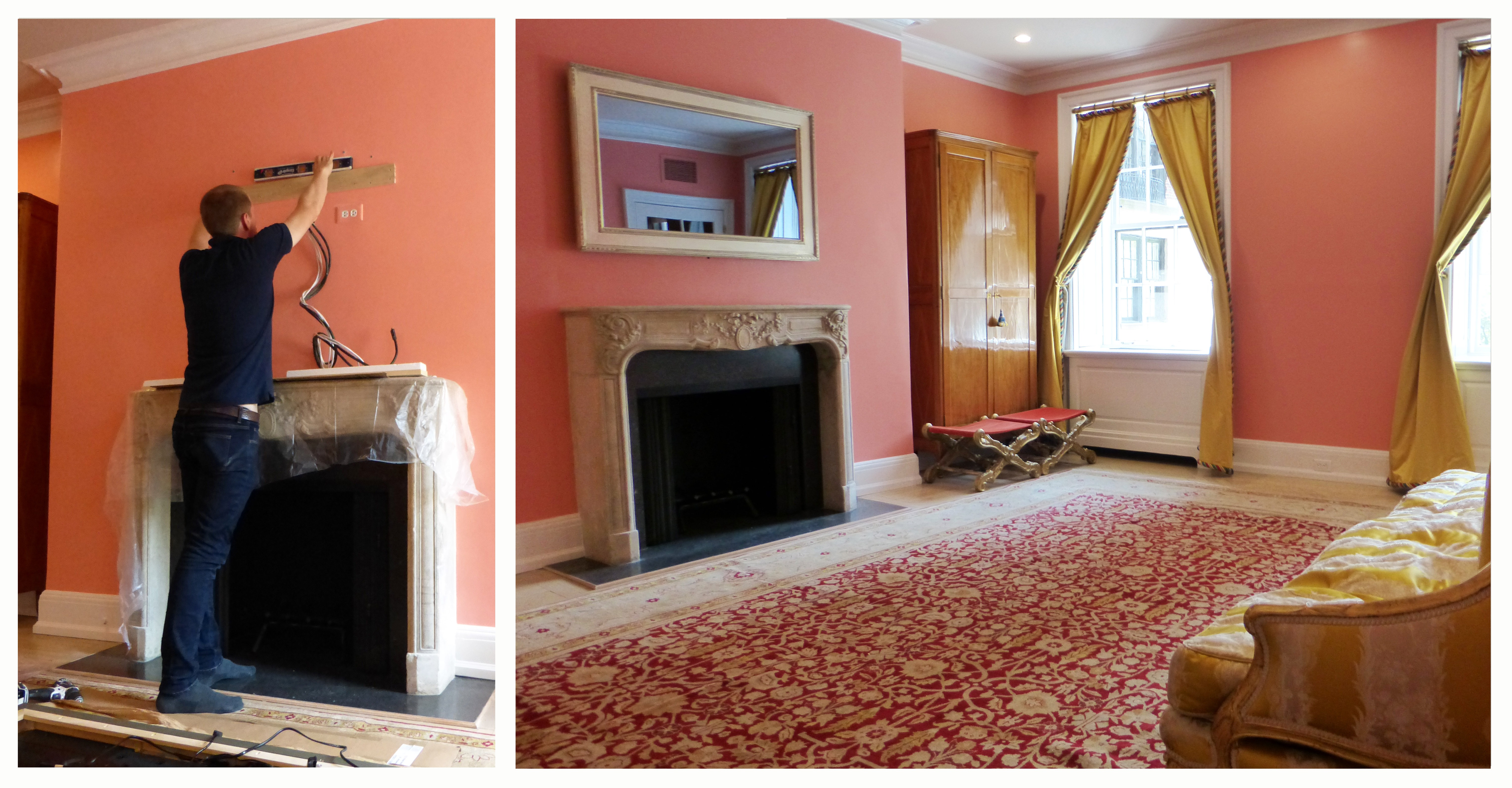 installation of a reflectel mirror tv over stone mantle in peach room