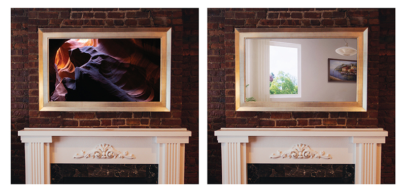 gold hand gilded mirror tv frame over white mantle
