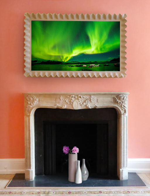 scallopped tan reflectel mirror tv hangs over mantle with flowers below