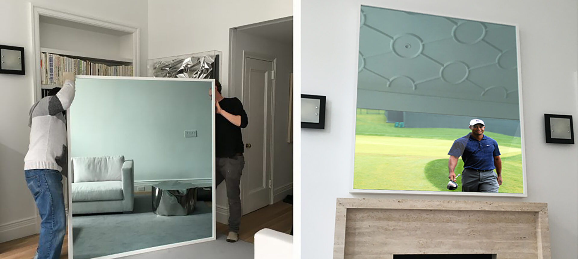 photo of white reflectel mirror tv being installed and hanging on wall over mantle