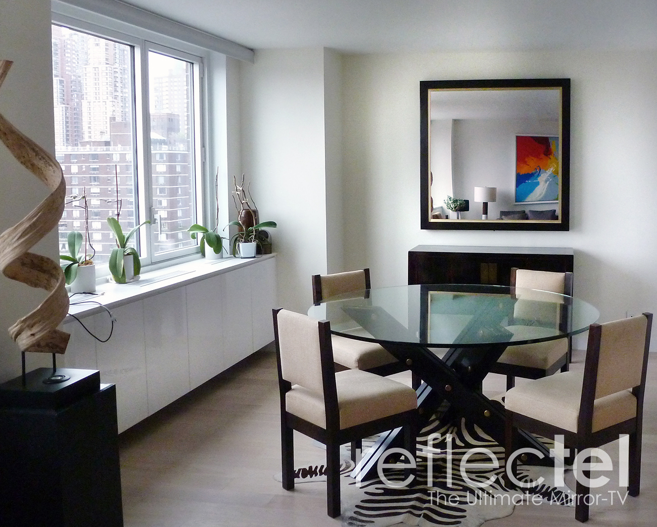 Portfolio Dark Blue Reflectel Mirror Tv Hangs In Living Room