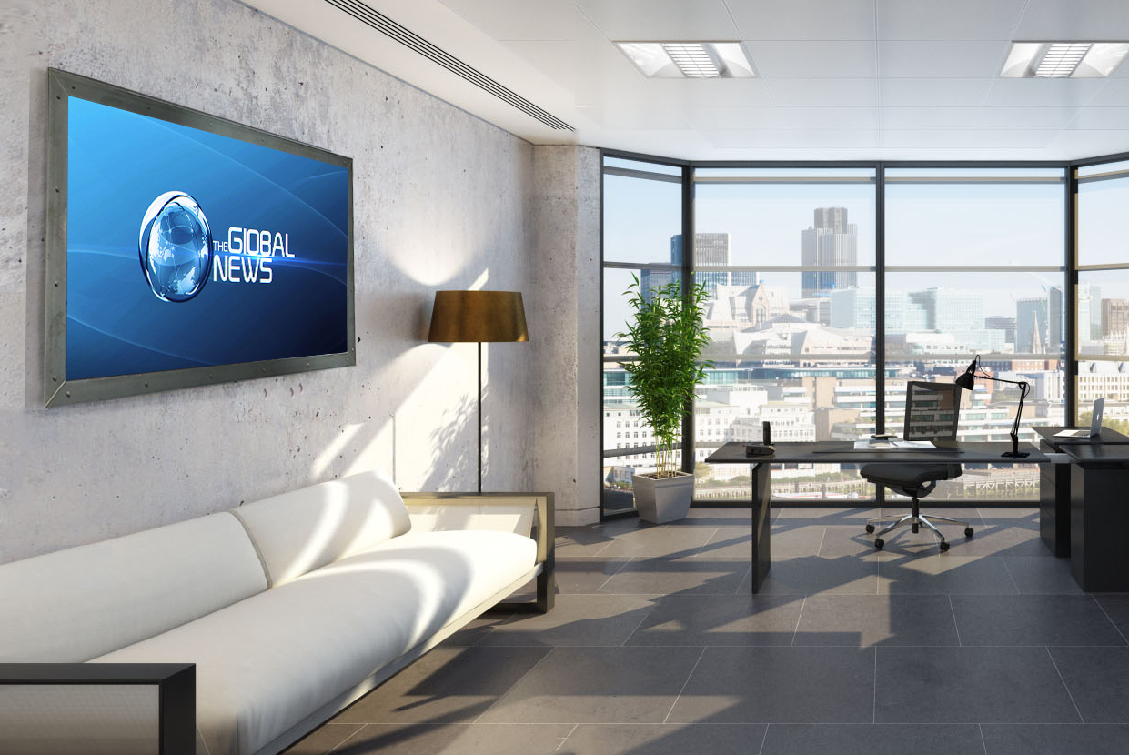 Office On steel framed reflectel mirror tv with bolts is turned on hanging over white sofa in company office