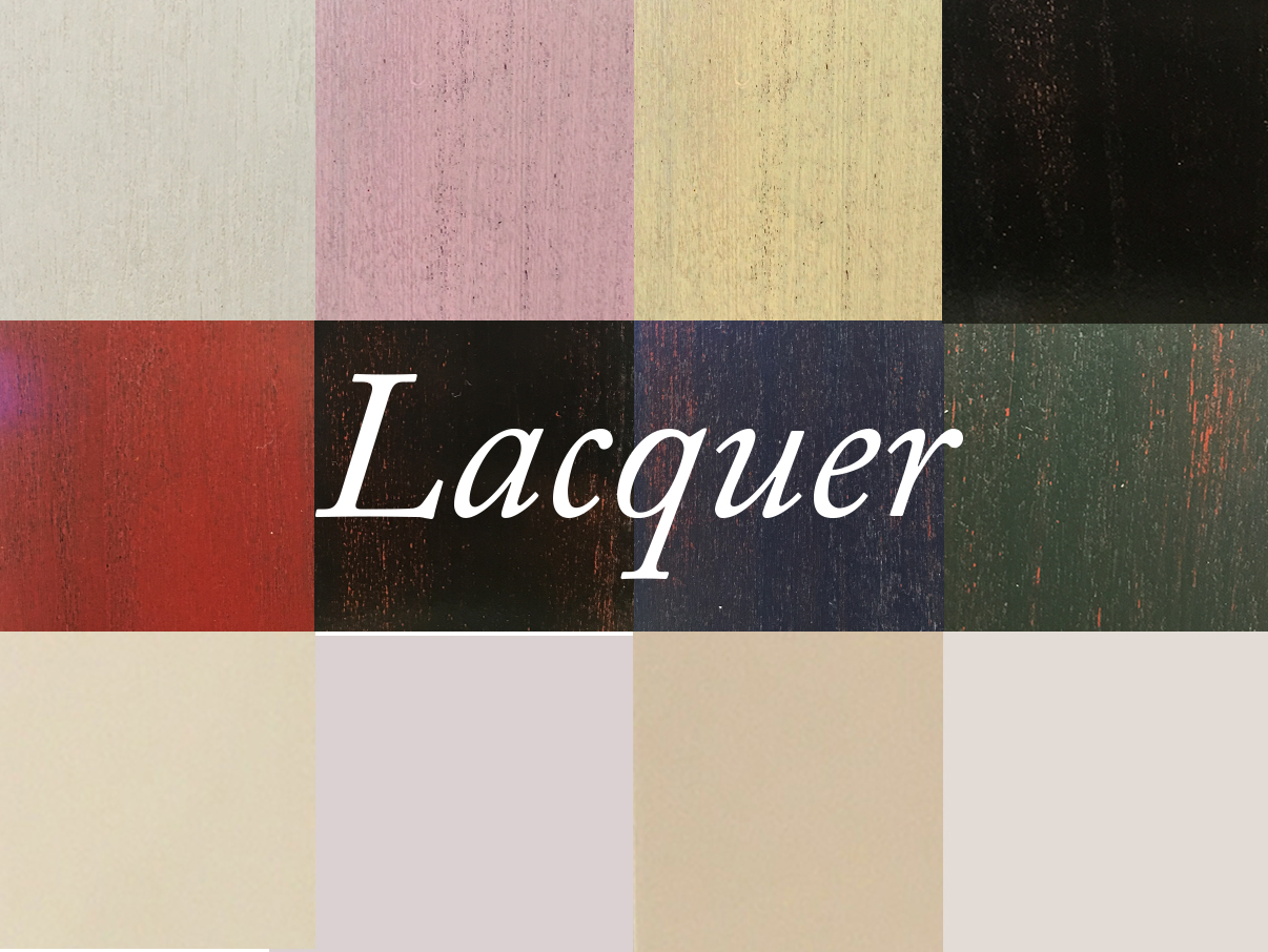Lacquer Finishes graphic collage of different lacquer finishes with the text "lacquer" written over it