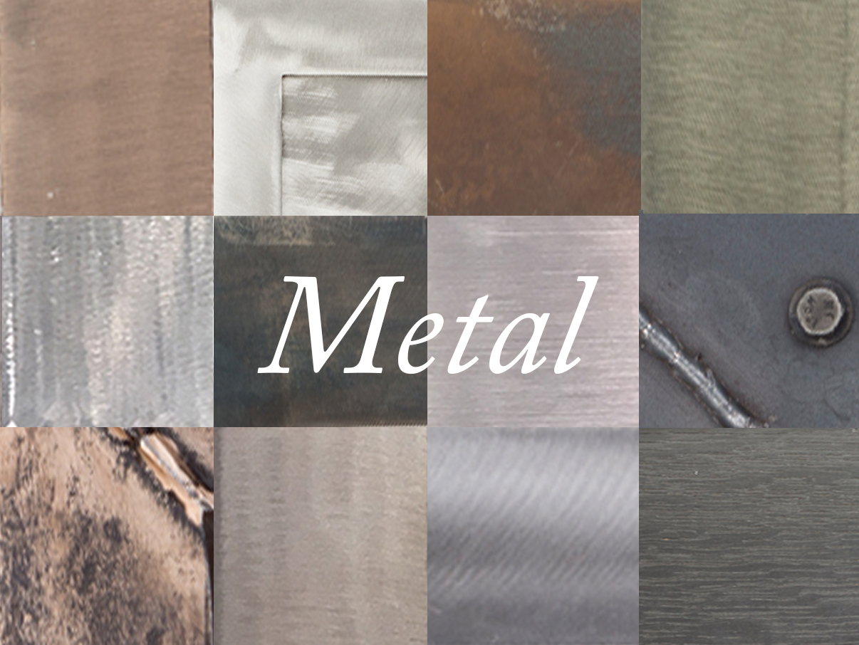 Metal Finishes graphic collage of different metal finishes with the text "metal" written over it