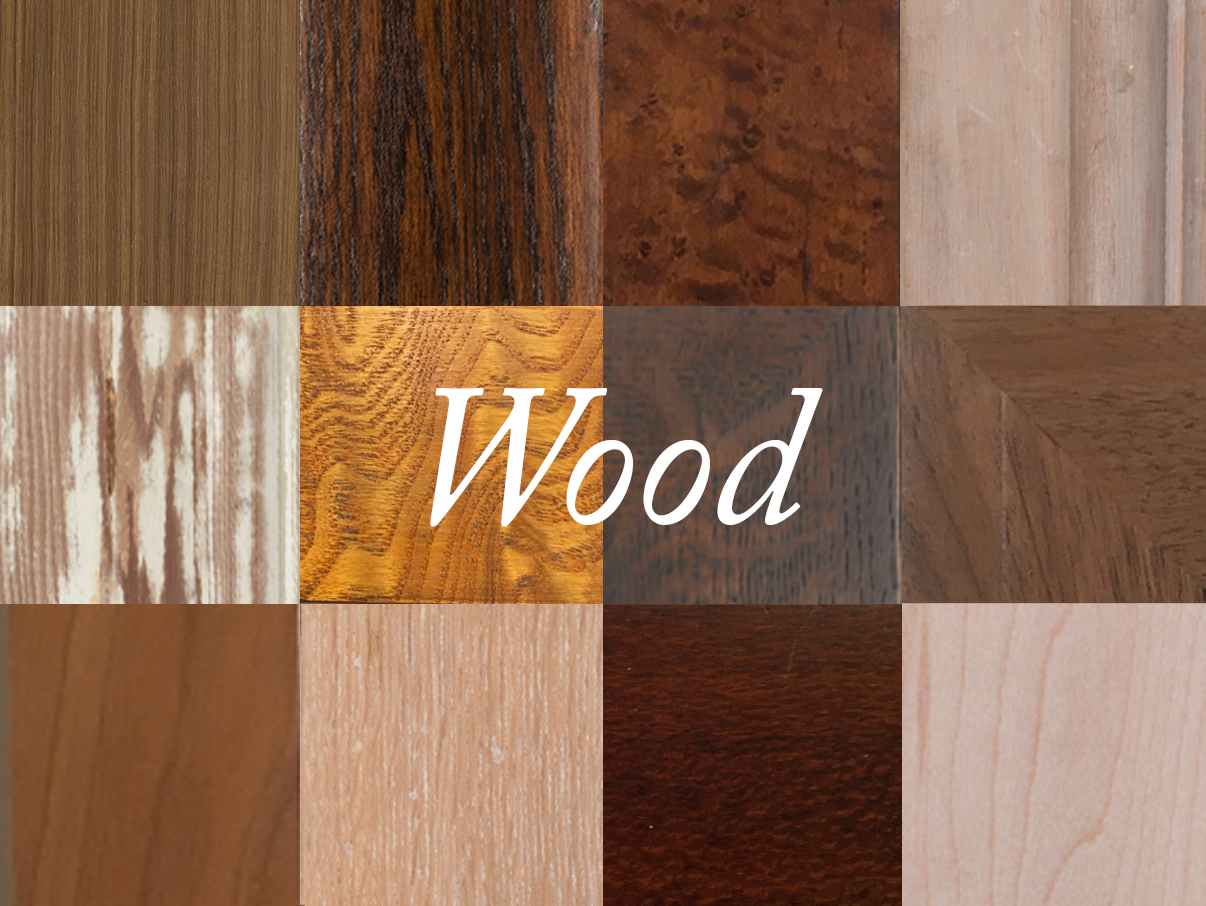 Wood Finishes graphic collage of different wood finishes with the text "wood" written over it