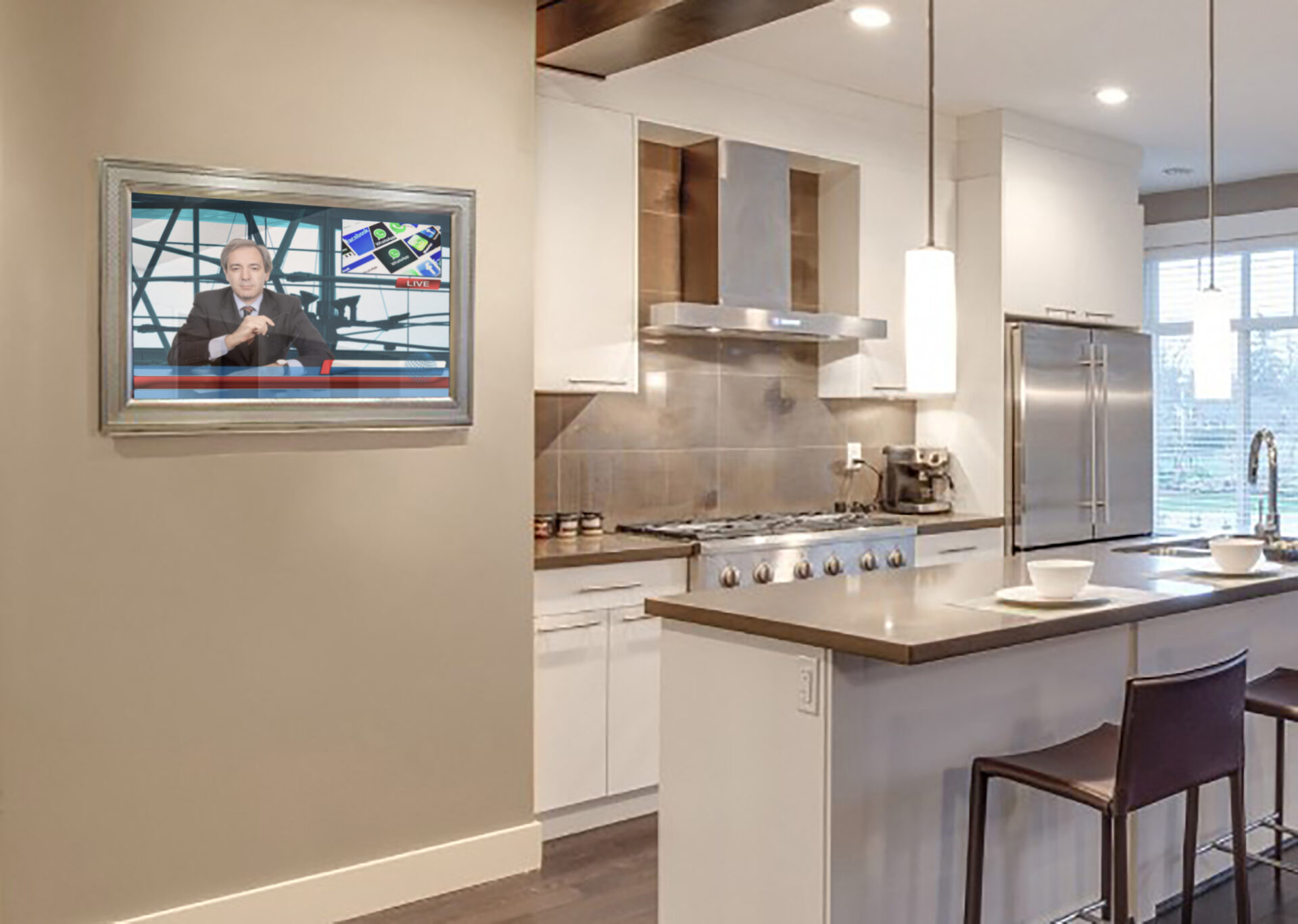 reflectel mirror tv with the news on it hangs in a kitchen
