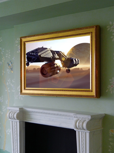 gold reflectel mirror tv hangs on green floral wall over white stone mantle