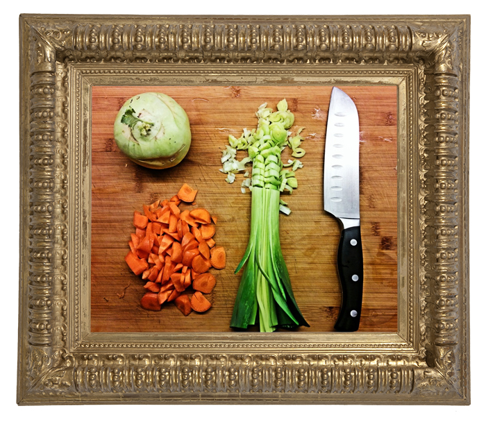 photo of a kitchen cutting board framed in a reflectel mirror tv frame