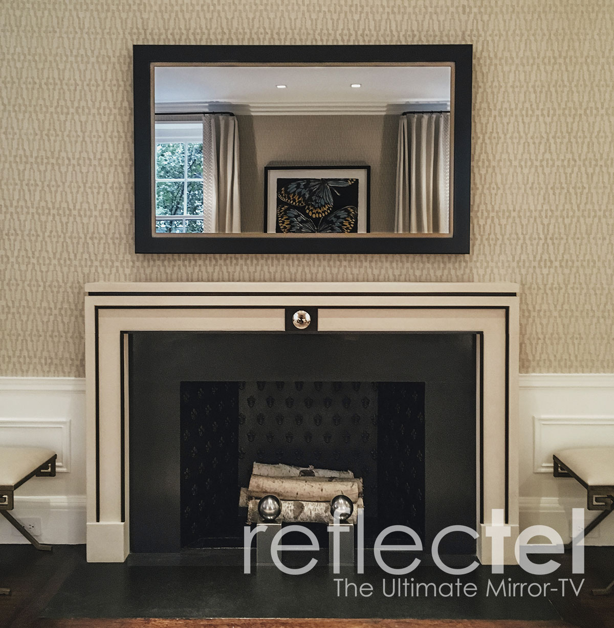 Portfolio Dark Blue Reflectel Mirror Tv Hangs Over Modern Fireplace Mantel