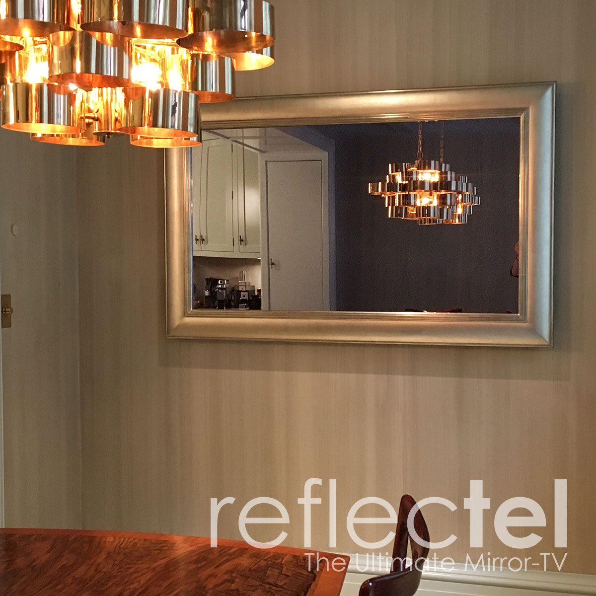 portfolio image of white gold reflectel mirror tv hangs in a dining room