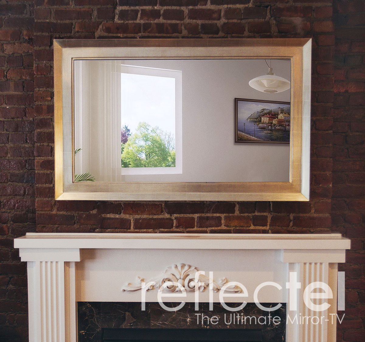 Portfolio Gold Reflectel Mirror Tv Hangs On A Brick Wall Over White Mantle In New Jersey