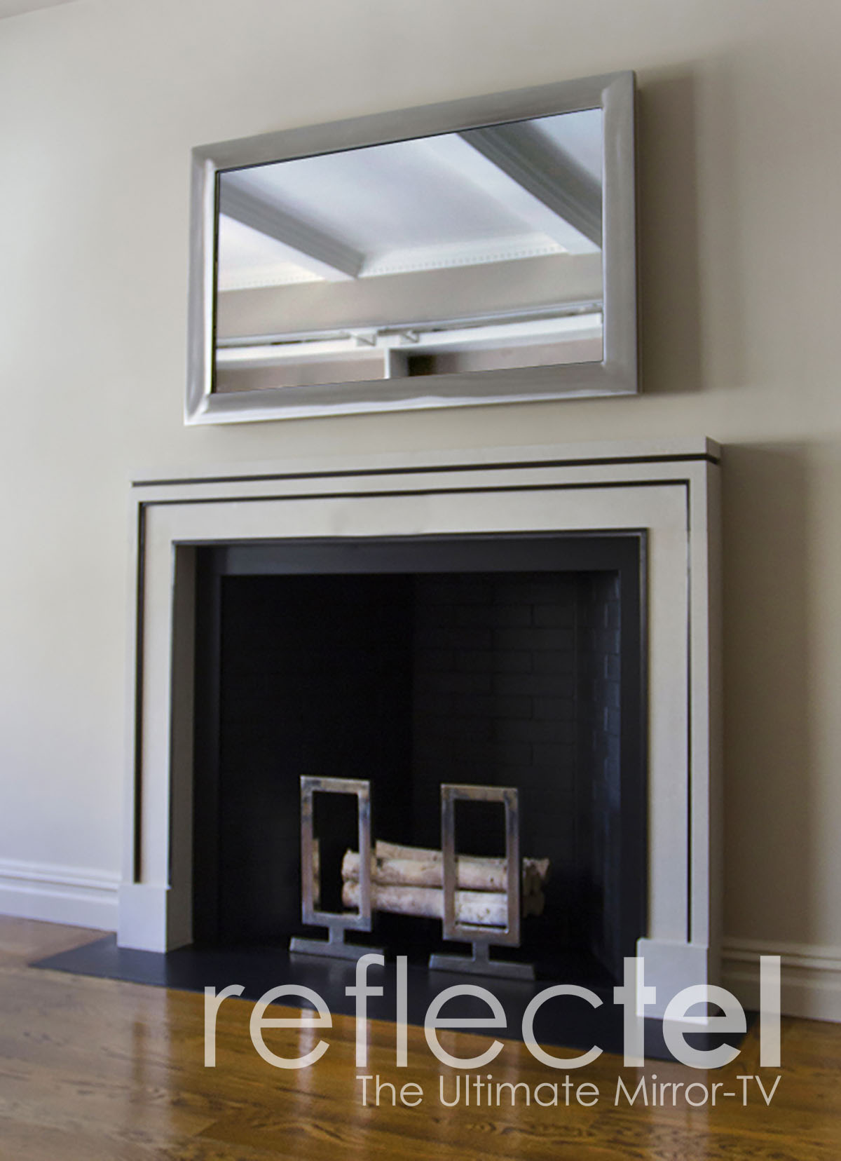Steel Metal Reflectel Mirror Tv Hangs Over Modern Mantle In Nyc Apartment