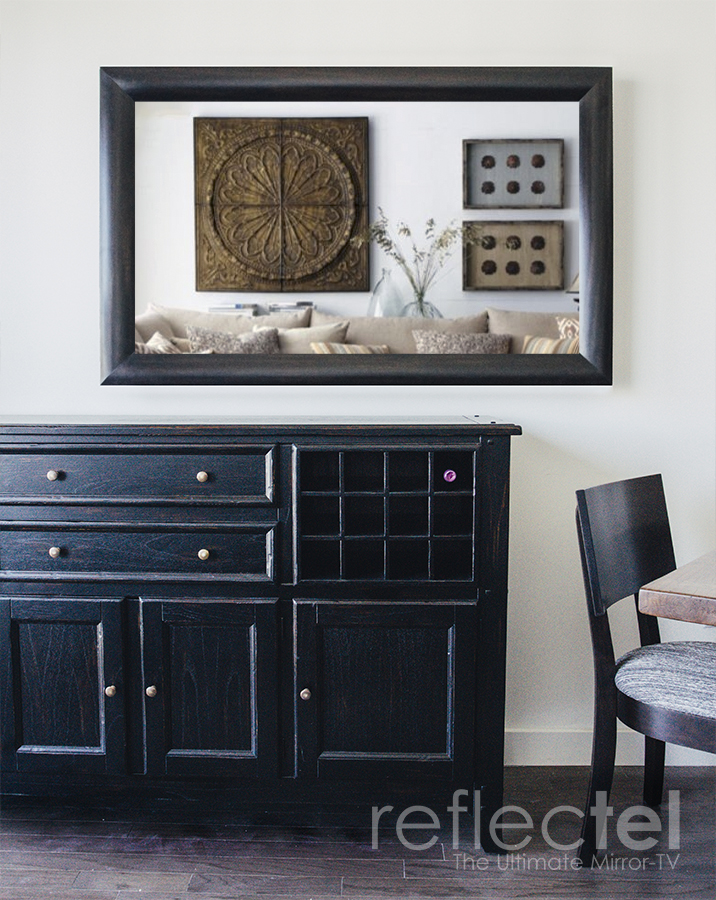 Wood Reflectel Mirror Tv Hangs Over Cabinet