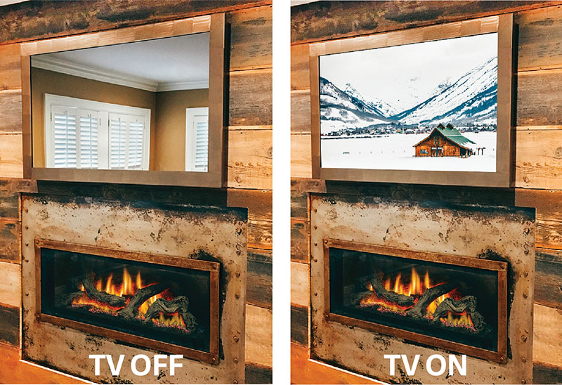 side by side of reflectel mirror tv on and off over fireplace