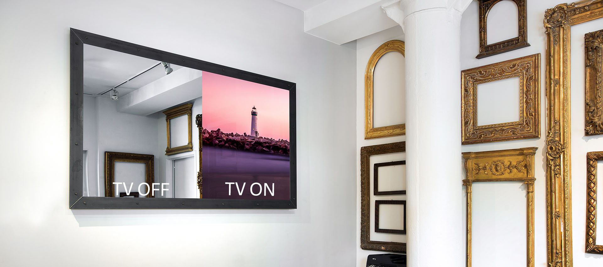 metal reflectel mirror tv hangs in lobby