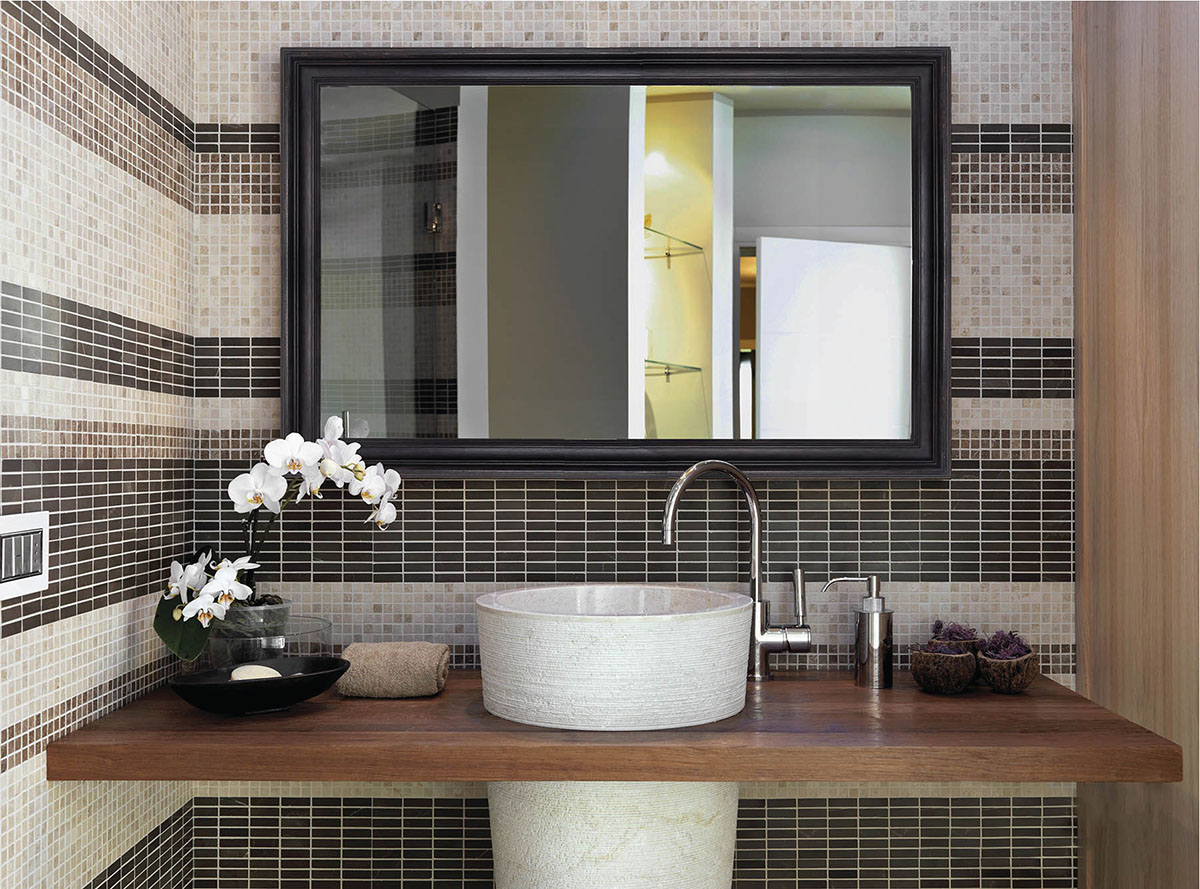 Wood Reflectel Mirror Tv Hangs Over Bathroom Sink Turned Off