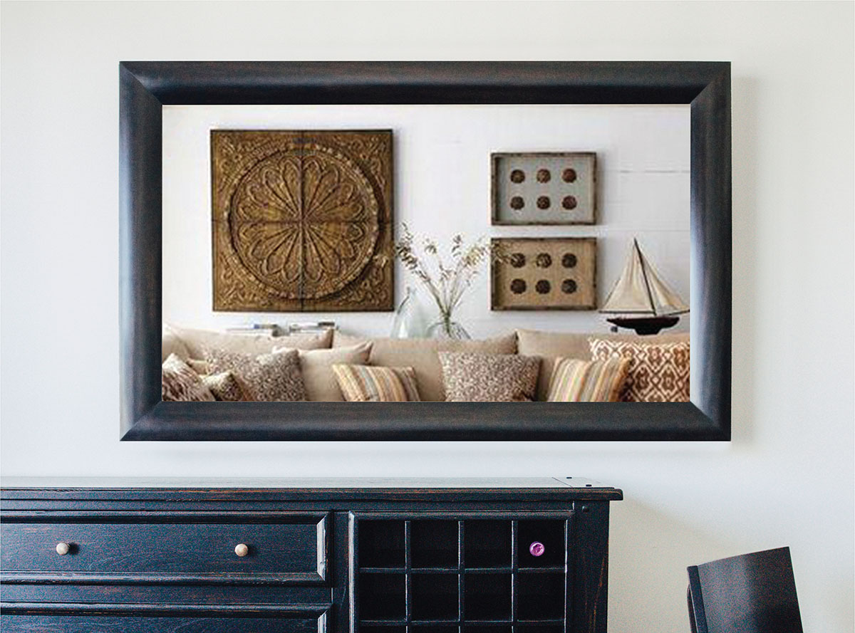 Mirror Television Turned OFF With Ebony Mahogany Frame Over Furniture