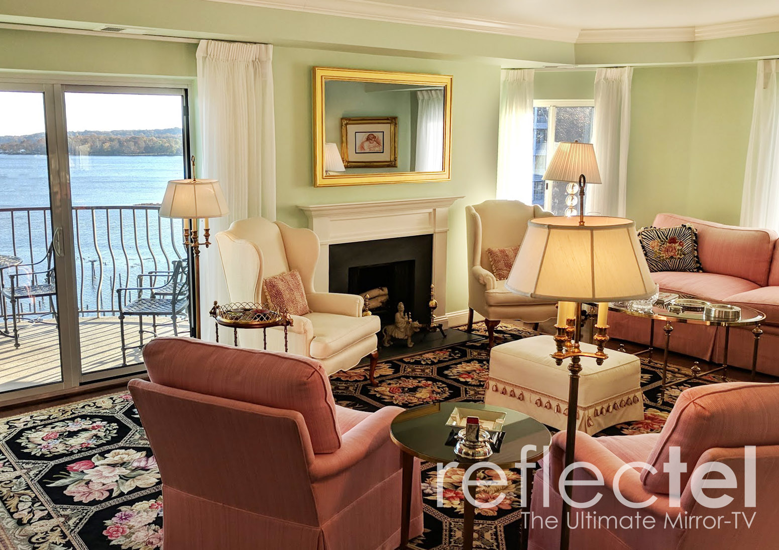TV Mirror in a traditional living room with green walls gilded shaped frame