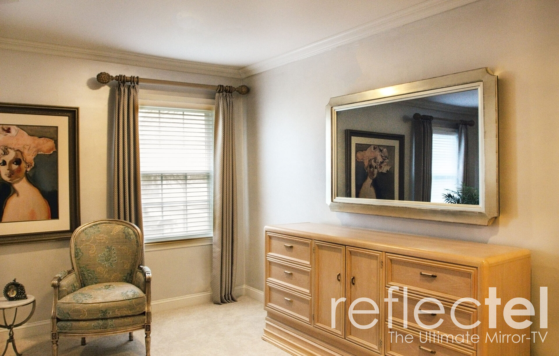 Gilded Carved corner cut framed tv mirror landscape in bedroom turned off