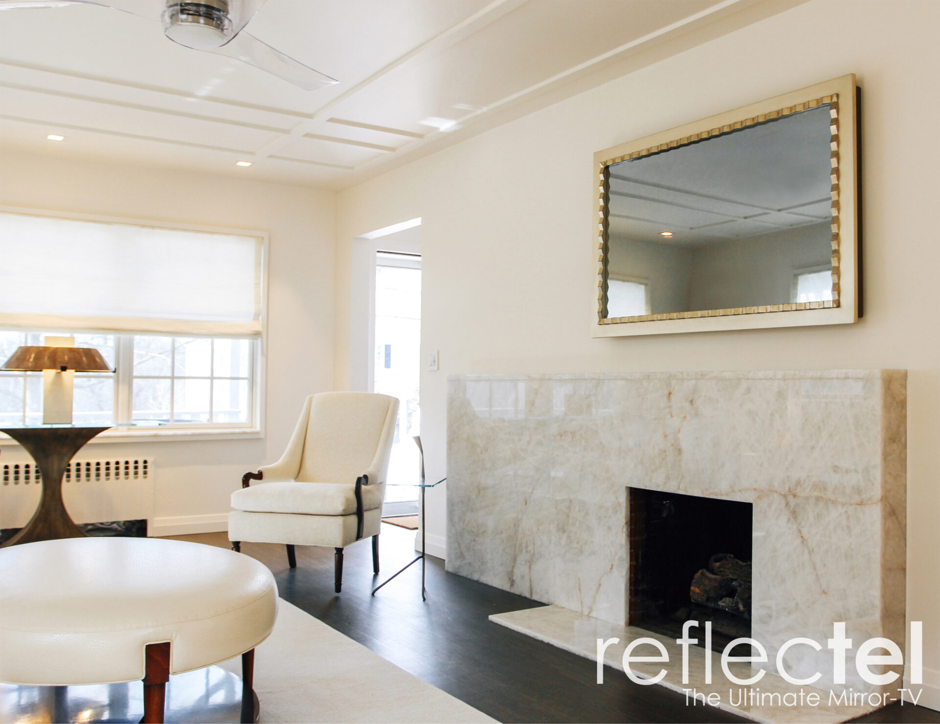 Marble Fireplace With Tv Mirror Gilded Carved Frame In Living Room