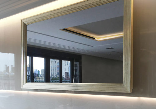 Gilded Shaped 75 Inch Tv Mirror In NYC Apartment Living Room