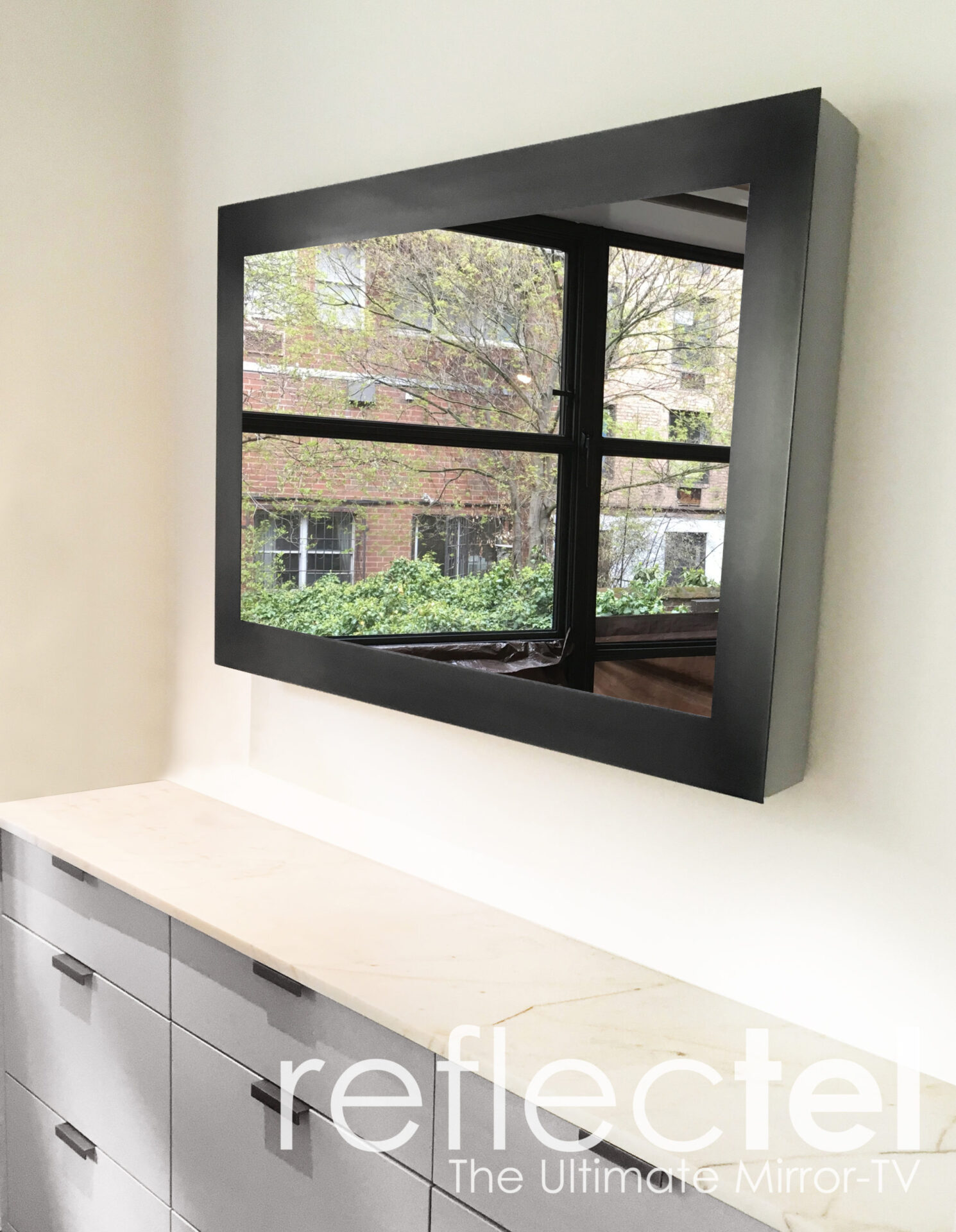 Blackened Steel Landscape Magic Mirror Turned Off In Nyc Living Toom