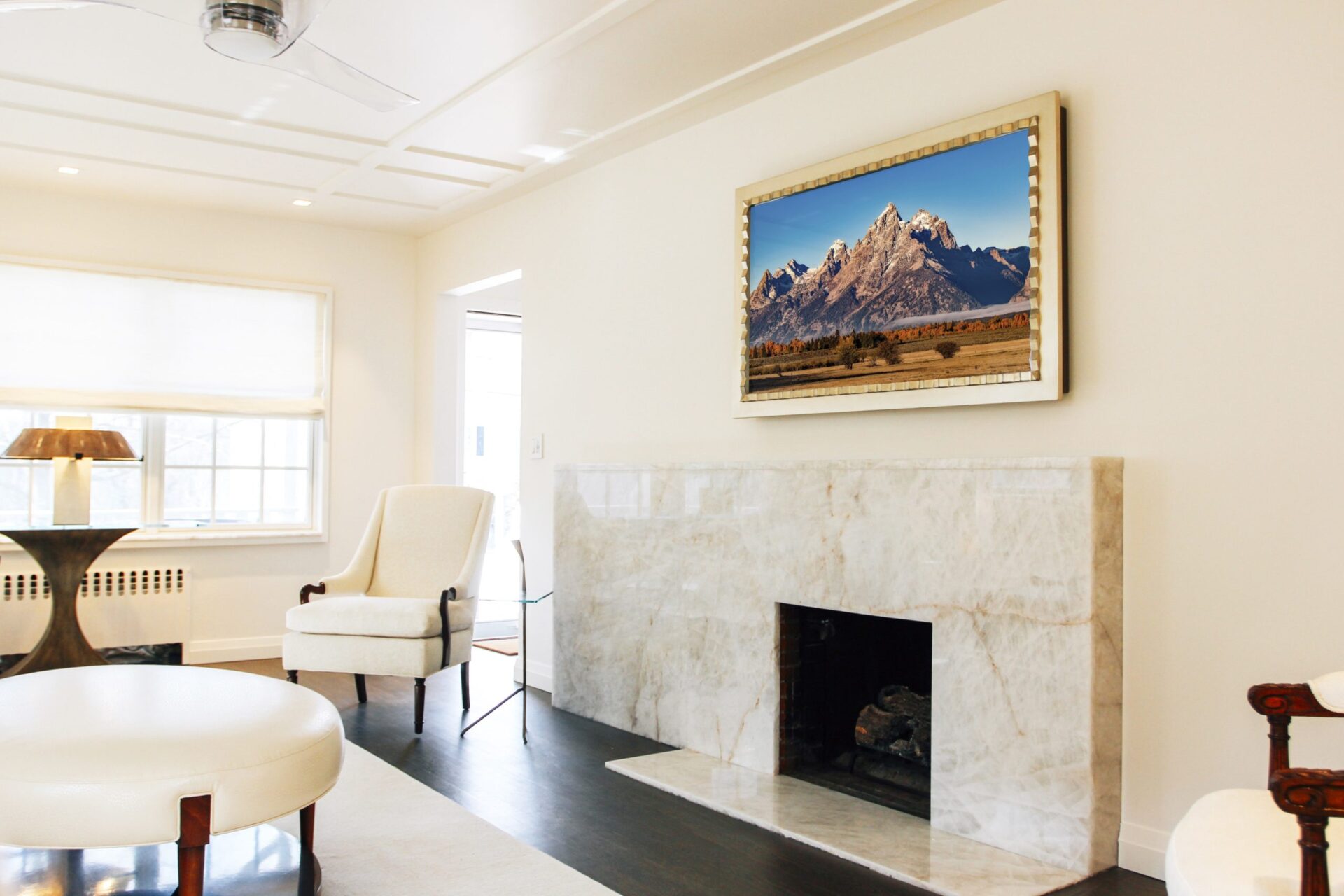 Mirror TV ON With Gold Gilded Frame Over Marble Fireplace