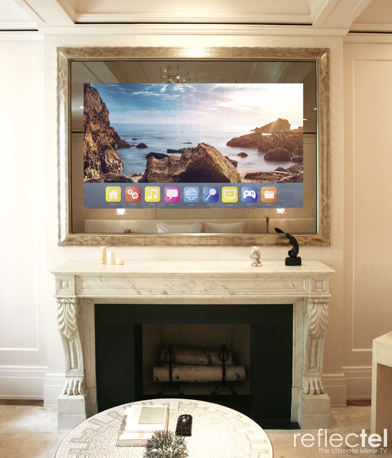 Upper Westside Townhouse Nyc Landscape Plus Mirror Television Turned On Oceanscape In Bedroom Over Marble Fireplace Mantel
