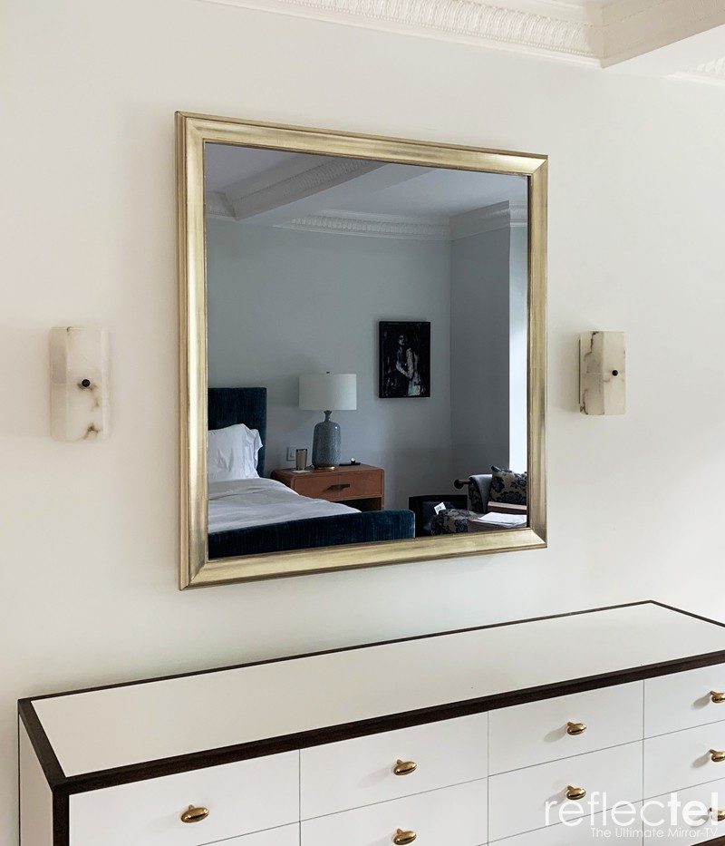 Bedroom Interior With Television Mirror Square Orientation Gilded Gold Frame