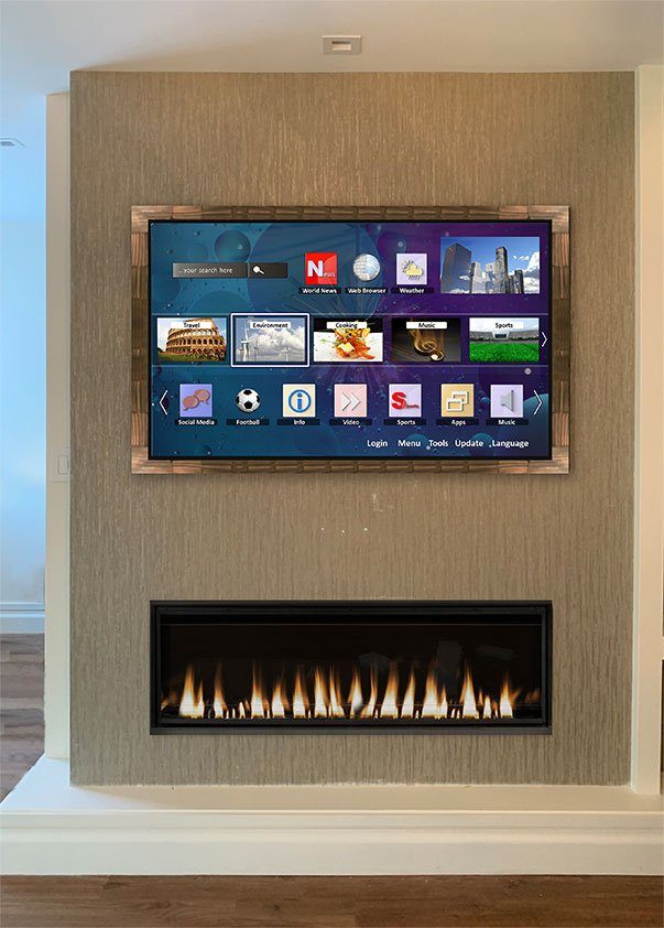 Mirror TV On with Modern Bronze Frame Over Fireplace