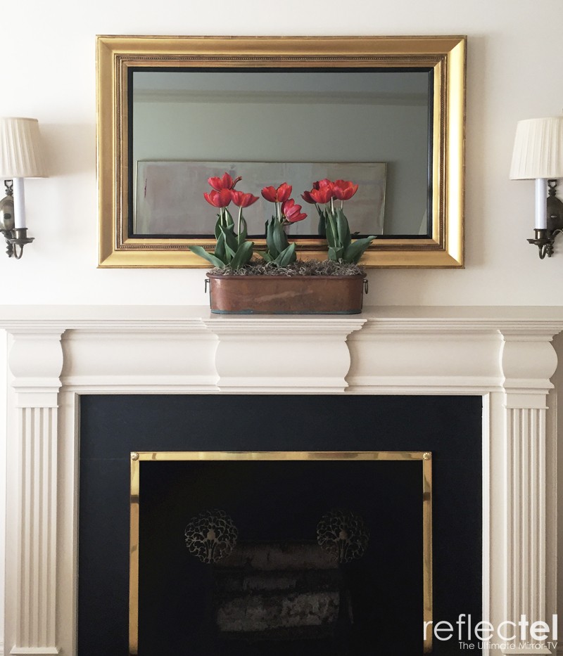 Gold Gilded Framed Television Mirror With Black Liner In Nyc Living Room With Fireplace Mantel