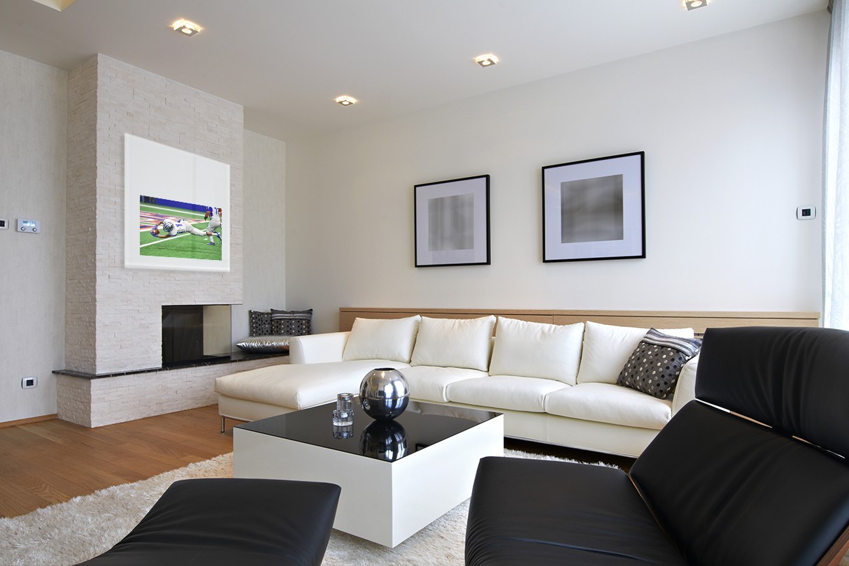 Painted Tv Glass Frame Playing Football Game Over Fireplace Mantel In Living Room Interior