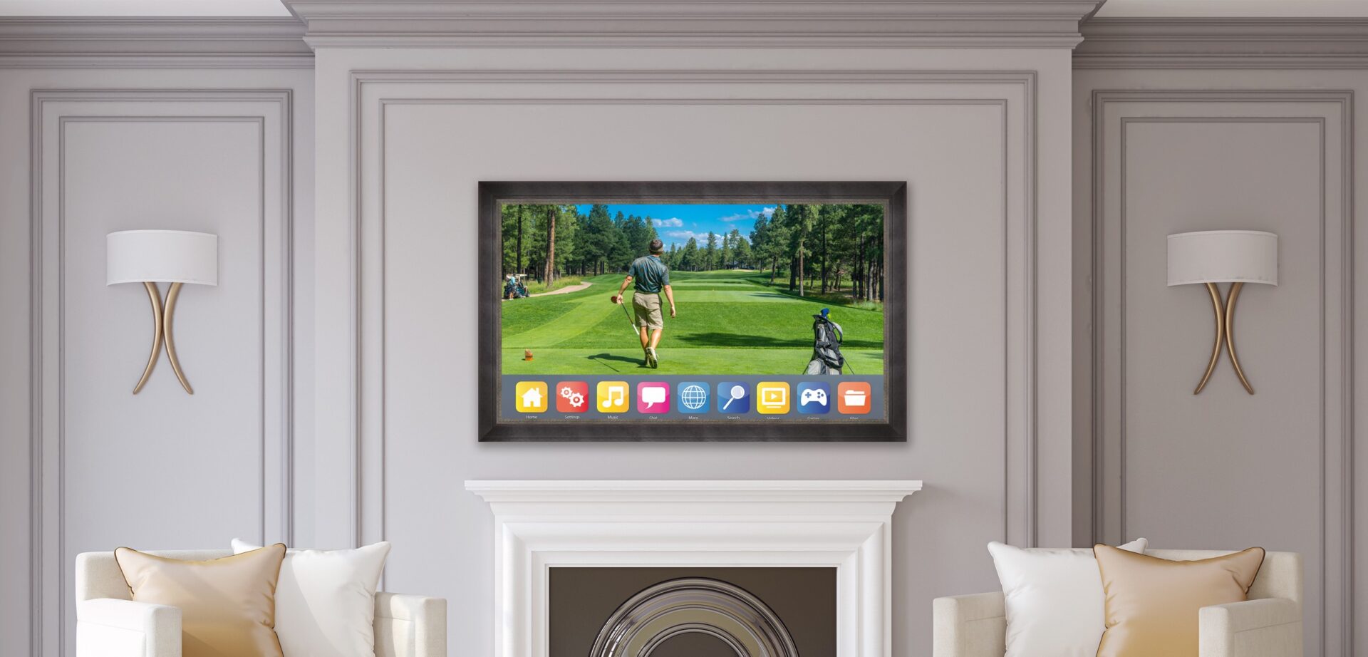 Art Mirror TV Banner Mockup 1_ON 2 (Active May 2020) Reflectel Contact us Signature Leatherette Mirror TV frame with golf image