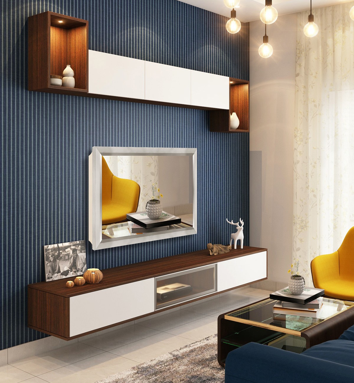 Gilded Carved Mirror TV In Living Room With Pinstripe Blue Wall