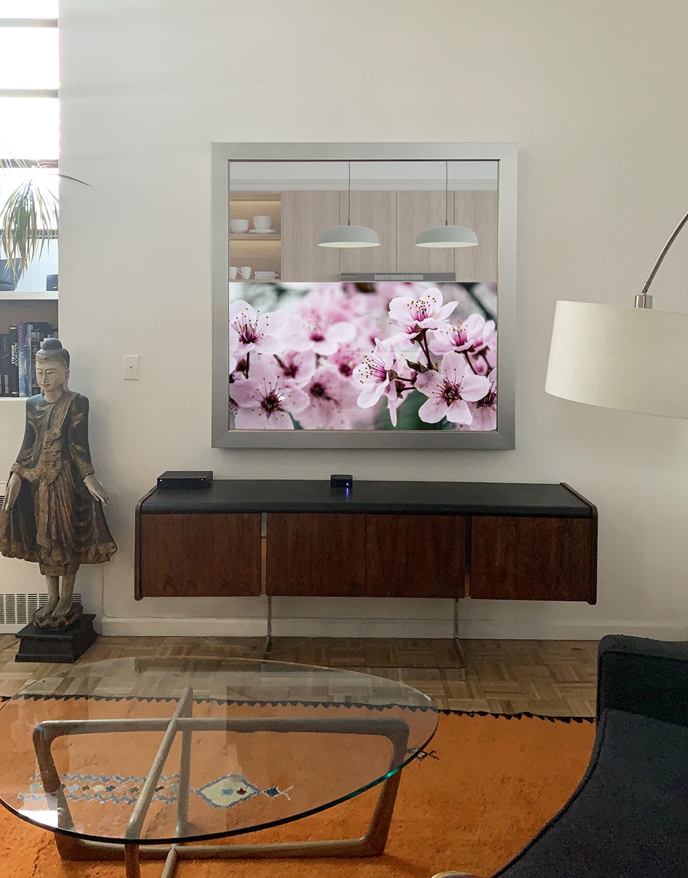 Mirror Tv Square With Prefinished Silver Crosshatch Frame Over Credenza Living Room