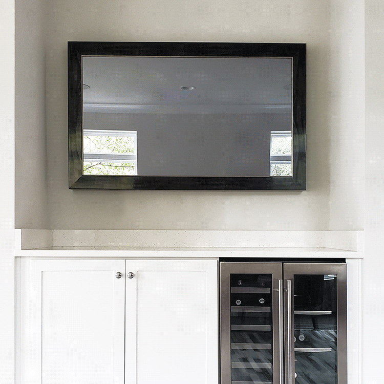 55" landscape mirror tv with prefinished black smoke frame in kitchen over counter