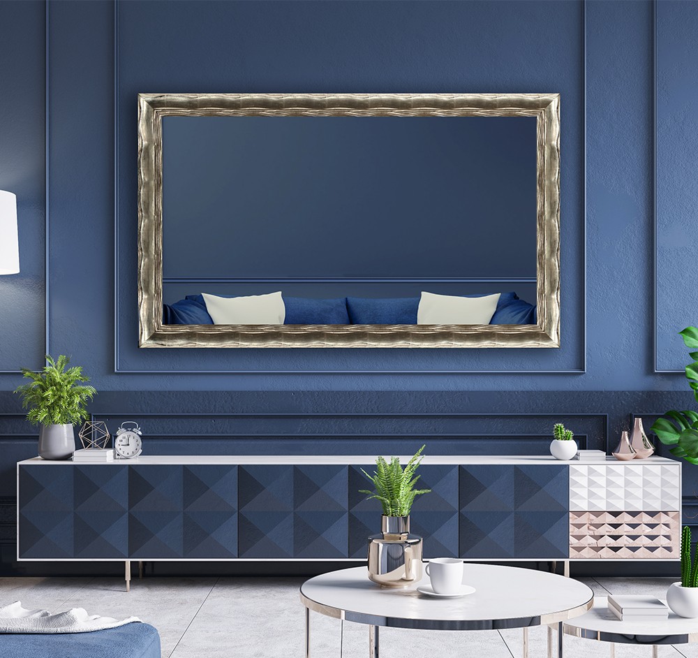 White Gilded Gold Carved Frame Edge To Edge Tv Mirror In Blue Living Room Interior Over Credenza