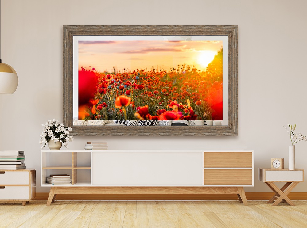 Landscape Plus Tv Mirror With Prefinished Rustic Frame In Living Room Credenza