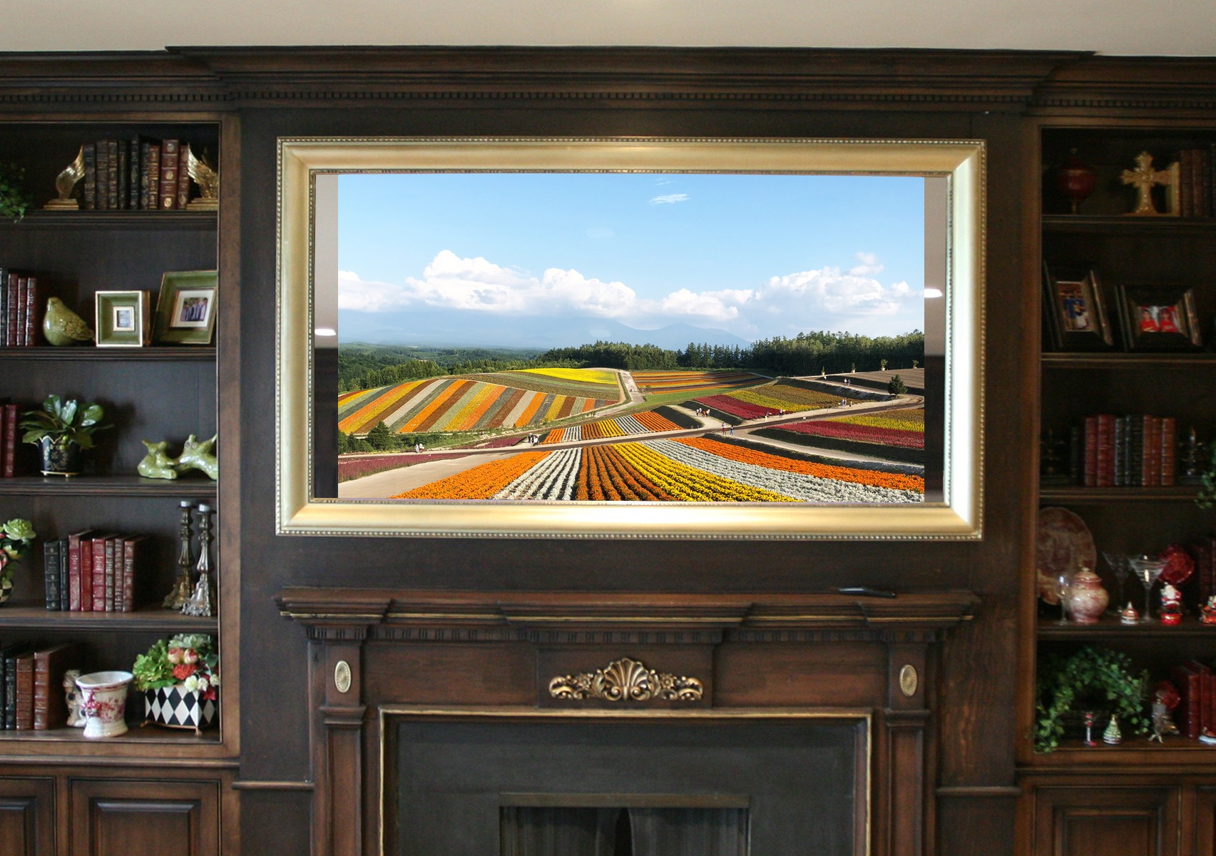 65 Inch Tv Mirror Gilded Gold Carved Frame Landscape Plus Over Mantel Fireplace Wood