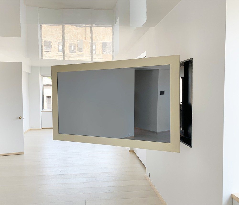 65 Inch Television With Minimalist Wood Frame Articulating Arm