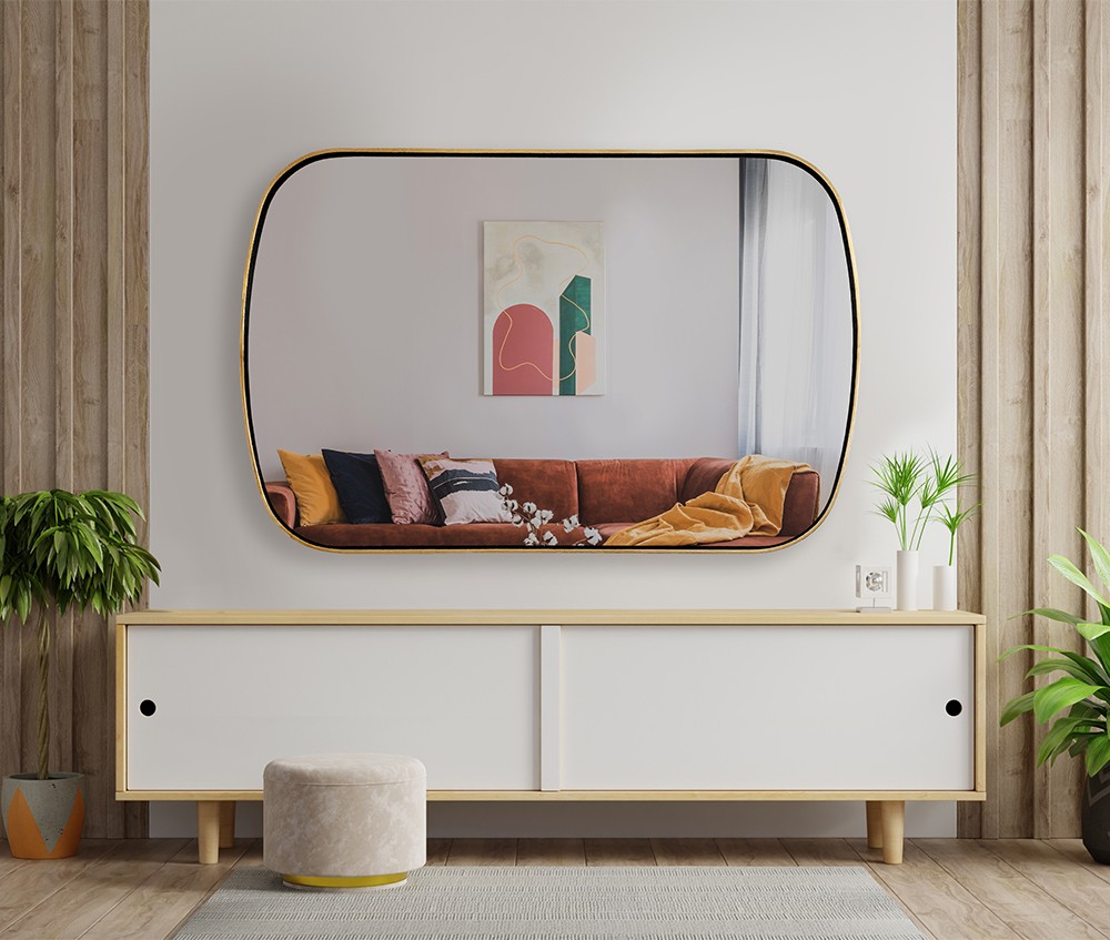 Contour Thin Leather Gilded Floater Framed Mirror Television Over Credenza In Living Room