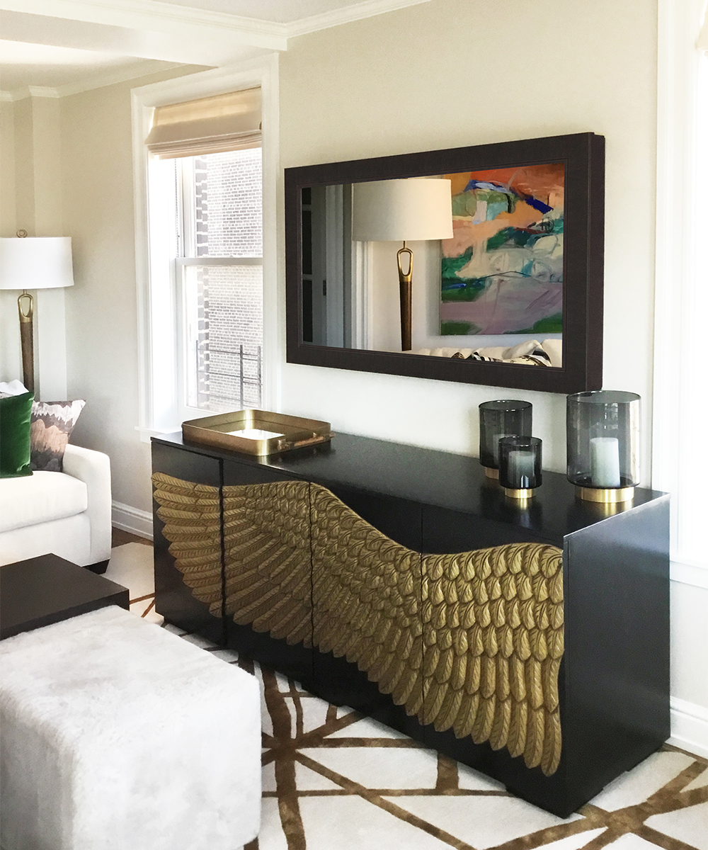 Dark Prefinished Metal Tone Mirror Television In Luxurious Living Room