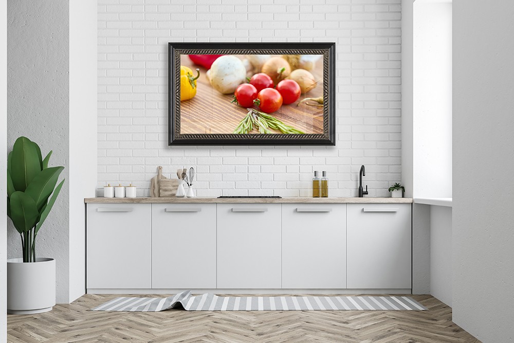 55 Inch Framed Television Over Kitchen Counter Dark Brown Carved Wood