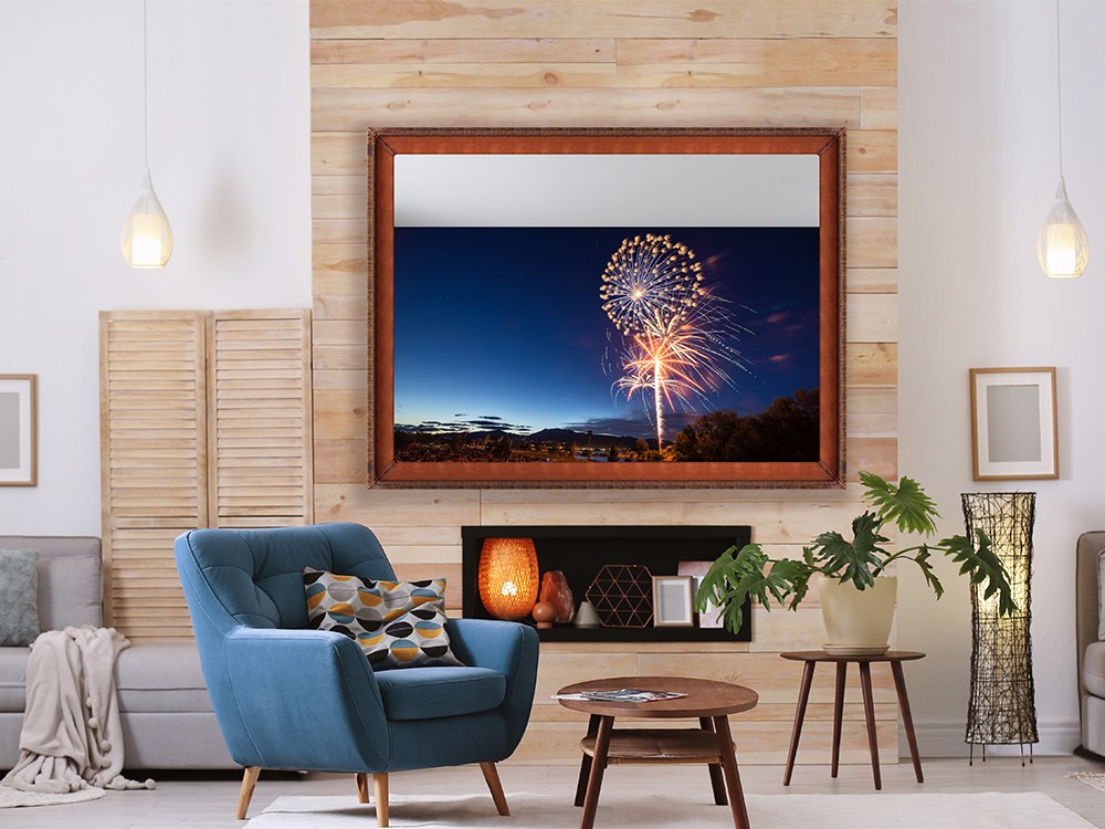 55 Inch Mirror Tv Over Fireplace Wood Panel Wall Dark Cognac Leather