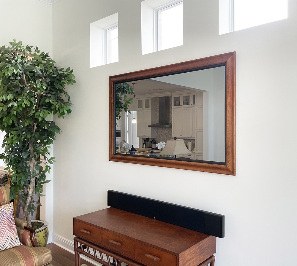 Edge To Edge Custom Mirror Television With Maple Frame Over Credenza