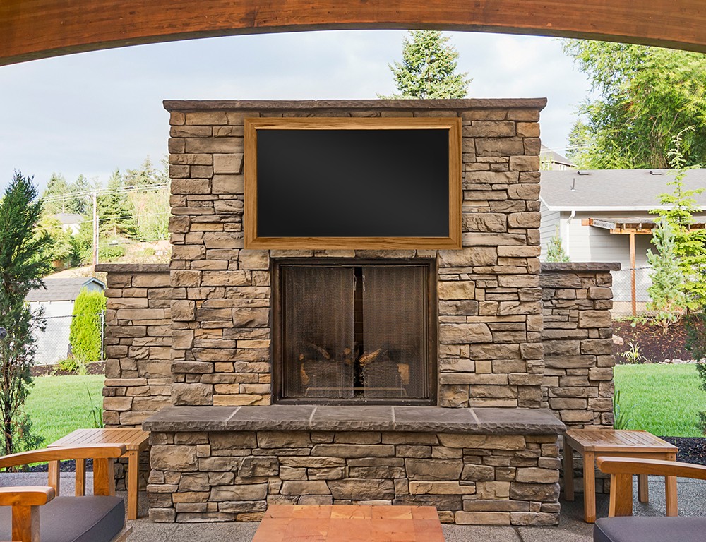 Framed Outdoor Tvs Turned Off Golf Sports Over Mantel Fireplace