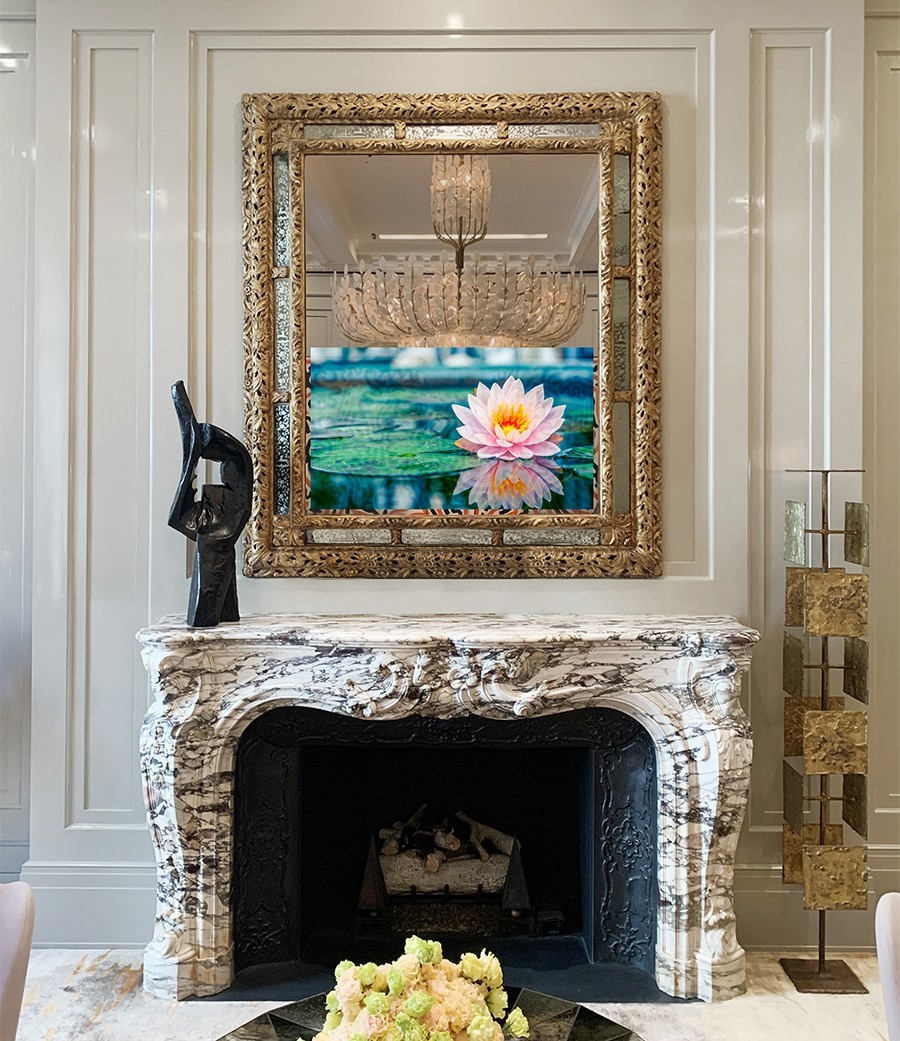 Magnificent Antique frame from Paris in a portrait plus Samsung 8K mirror television and vintage bespoke frame installed over fireplace in nyc luxury townhouse Upper East Side