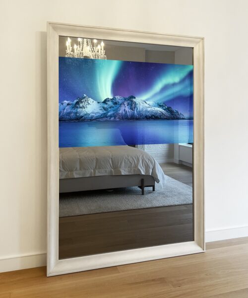 Beautiful 55" Mirror Tv After Makeover Turned On With Custom White Frame