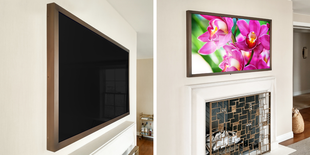 bronze mirror tv over mantel