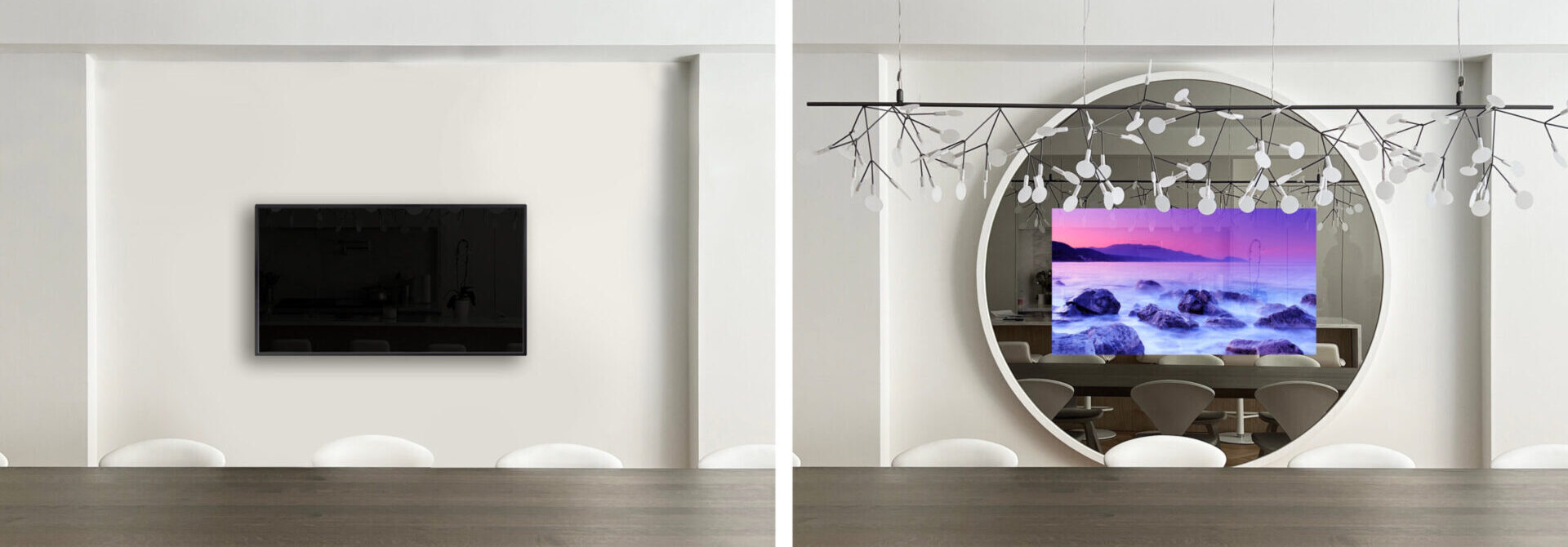 Circle Frame In White Leather In A Dining Room With A TV Through A Mirror